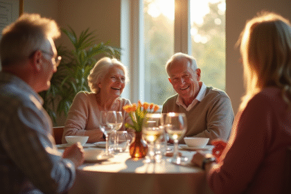 Couple agee dinant avec amis dans une ambiance chaleureuse