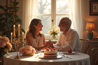 Couple mature souriant lors d'un dîner d'anniversaire à la maison