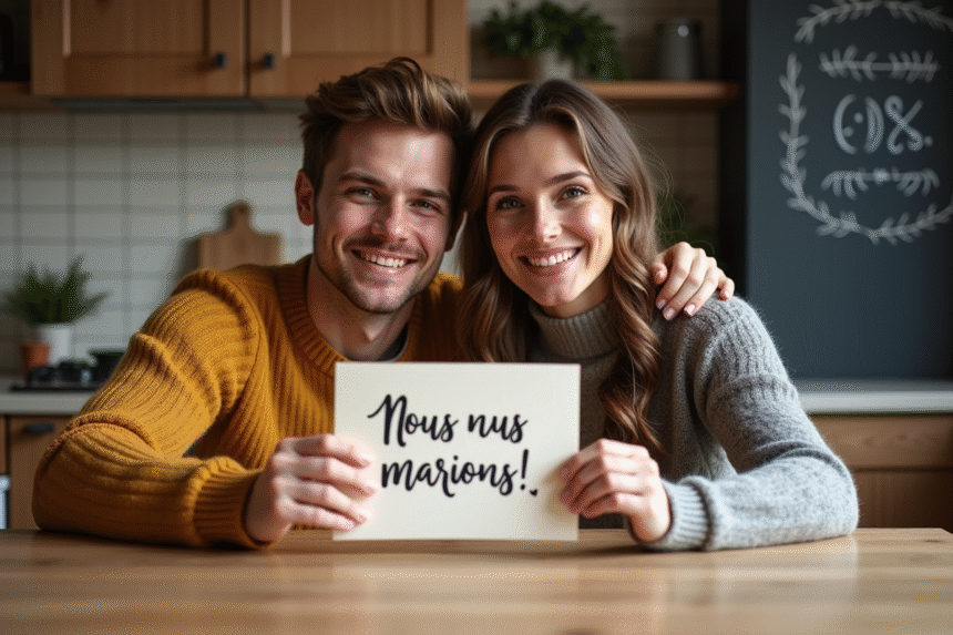 Couple souriant tenant une annonce mariage dans la cuisine