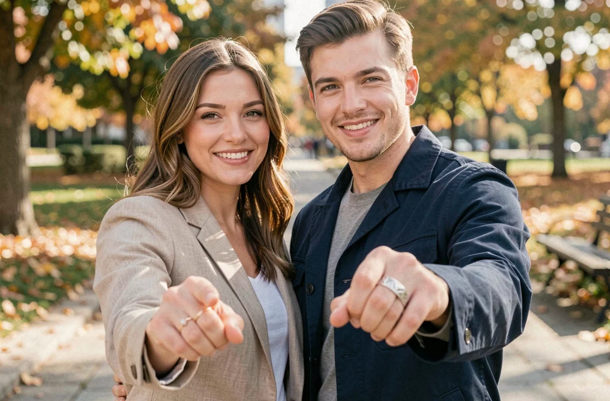 Couple de jeunes adultes en extérieur dans un parc présentant leurs bagues assorties, bague femme en or rose et bague homme en argent texturé