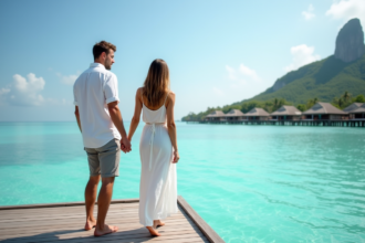 Couple en vacances sur un bungalow sur l'eau dans un lagon turquoise