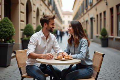 Jeune couple au café en terrasse en Europe