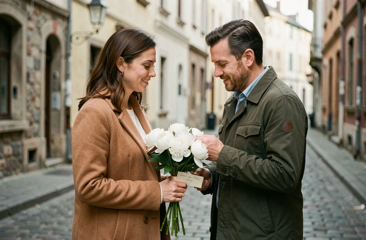 Couple échangeant une carte d'anniversaire de mariage avec des pivoines dans une ruelle pavée européenne
