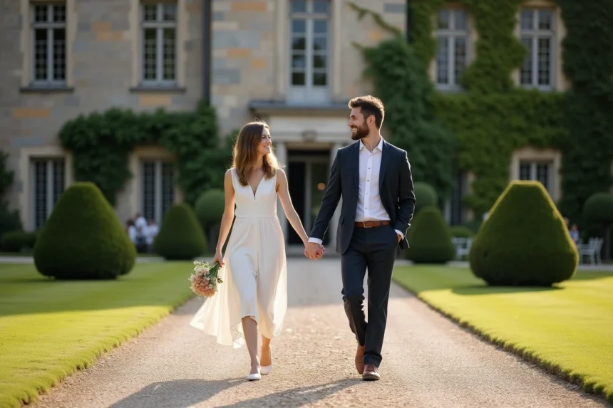 Couple souriant devant un château élégant en extérieur
