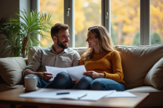 Couple heureux discutant dans un salon lumineux avec papiers