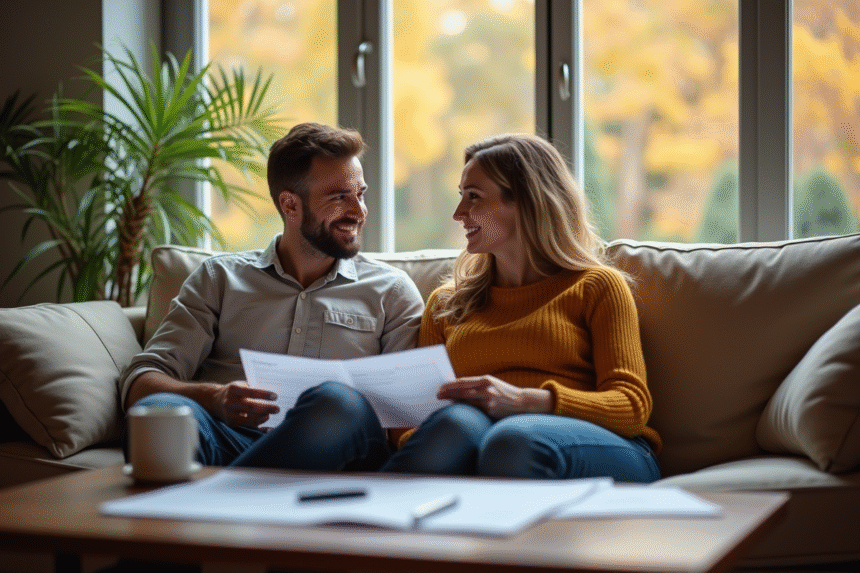 Couple heureux discutant dans un salon lumineux avec papiers