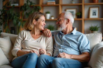 Couple marié discutant dans un salon chaleureux