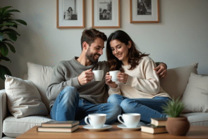 Couple en détente dans un salon cosy avec café et livres