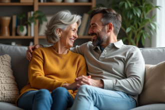 Couple d'adultes souriants dans un salon chaleureux