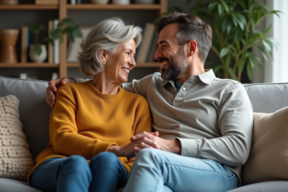 Couple d'adultes souriants dans un salon chaleureux