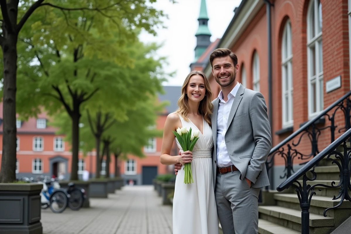 Couple international posant devant une mairie danoise en briques rouges après un mariage express, tenue décontractée et bouquet de tulipes blanches