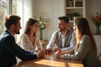Jeune couple discutant de bagues de mariage en famille