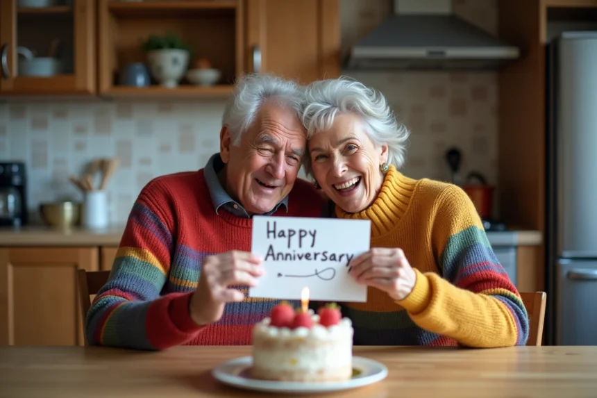 Couple senior souriant avec carte anniversaire dessinée