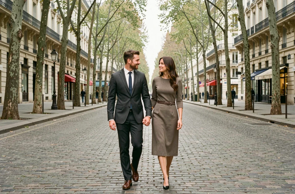 Couple élégant se promenant sur un boulevard parisien lors d'une sortie publique en tenue formelle