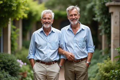 Homme d'âge moyen en jardin avec partenaire souriant