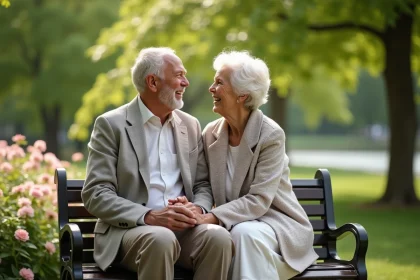 Couple de 60 ans souriant assis sur un banc dans un parc