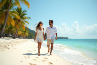 Jeune couple de mariés sur une plage tropicale ensoleillée