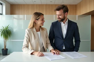 Couple souriant au comptoir d'une mairie danoise pour un mariage express, examinant des documents officiels dans un cadre scandinave épuré
