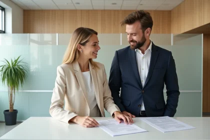 Couple souriant au comptoir d'une mairie danoise pour un mariage express, examinant des documents officiels dans un cadre scandinave épuré