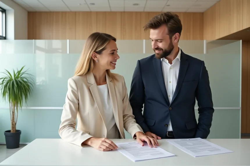 Couple souriant au comptoir d'une mairie danoise pour un mariage express, examinant des documents officiels dans un cadre scandinave épuré