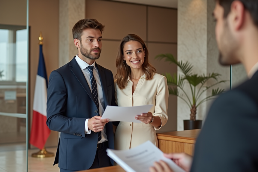 Jeune couple remettant documents à la mairie française