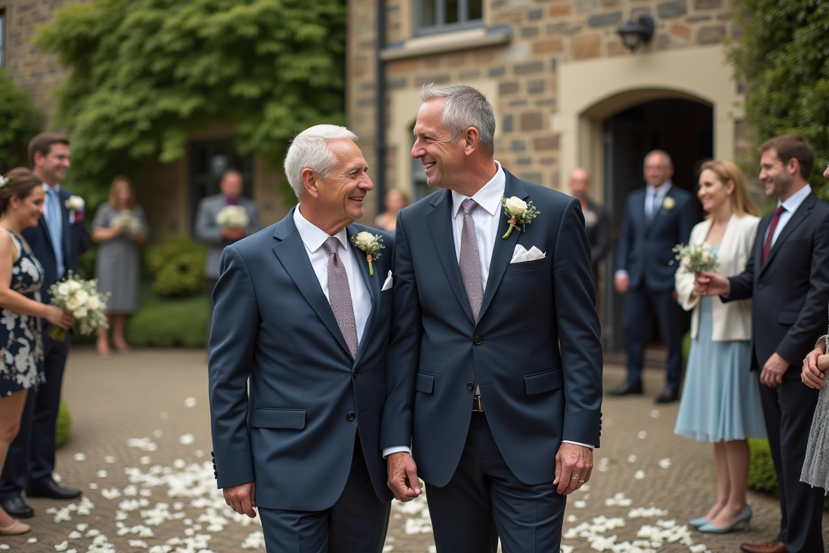 Couple gay en costume partage un moment joyeux dehors