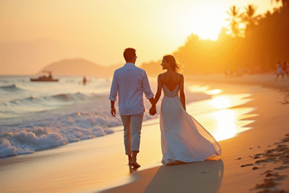 Jeune couple marié marchant sur la plage au coucher du soleil