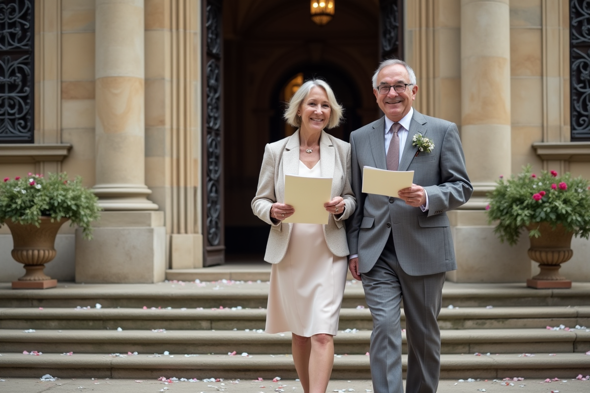 Vieux couple sortant de la mairie après mariage civil