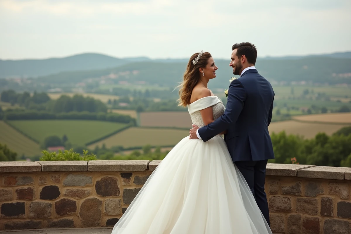Couple de mariés en robe de mariée tulle bustier et costume marine sur une terrasse en pierre avec vue sur la campagne, mariage champêtre abordable 2026