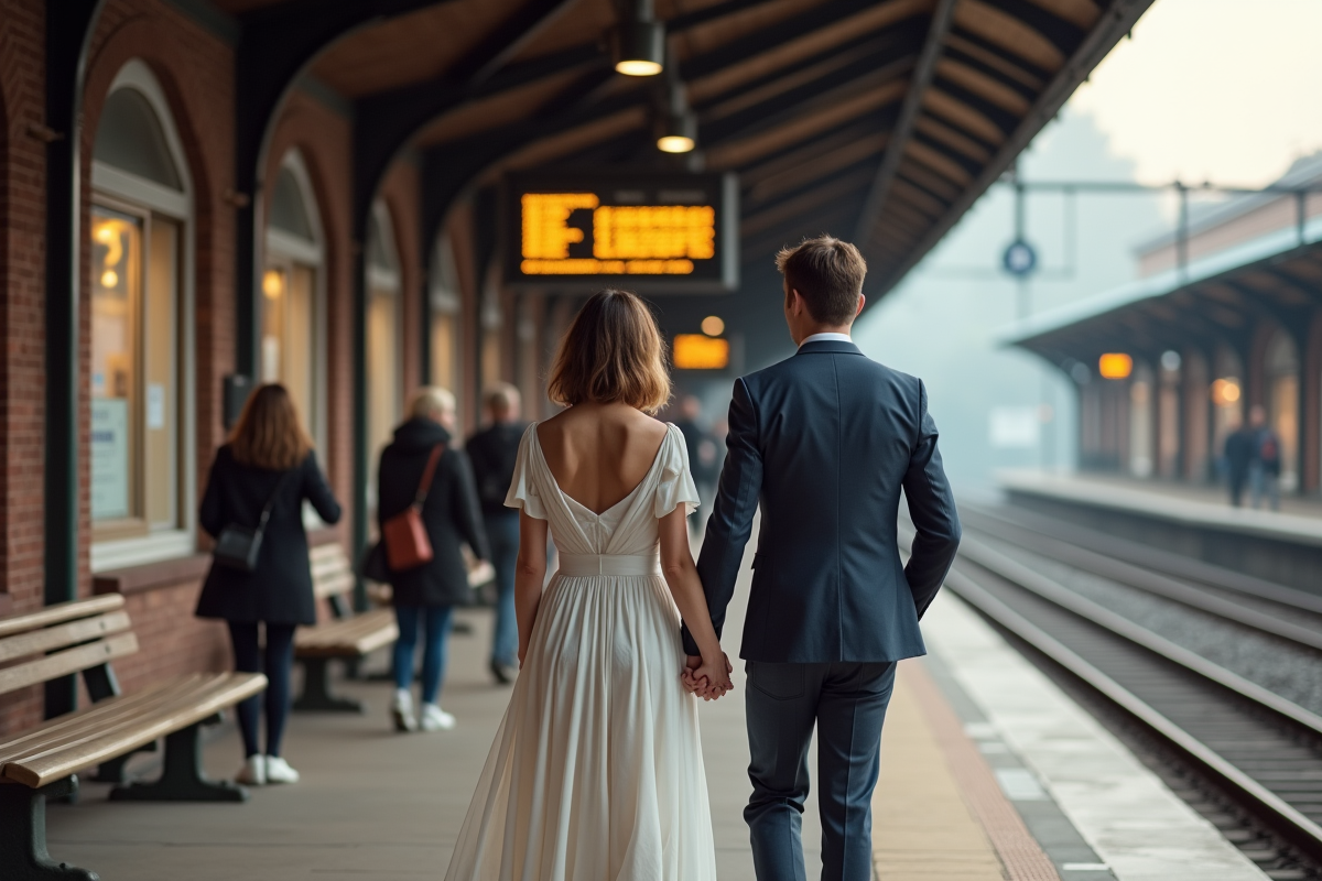 Couple marié sur une plateforme de train regardant le tableau