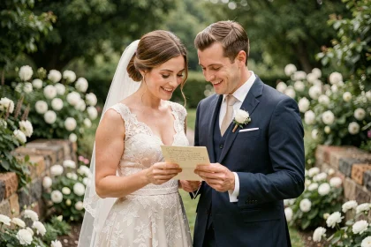 Couple de mariés lisant ensemble une carte de félicitations dans un jardin fleuri lors de leur mariage