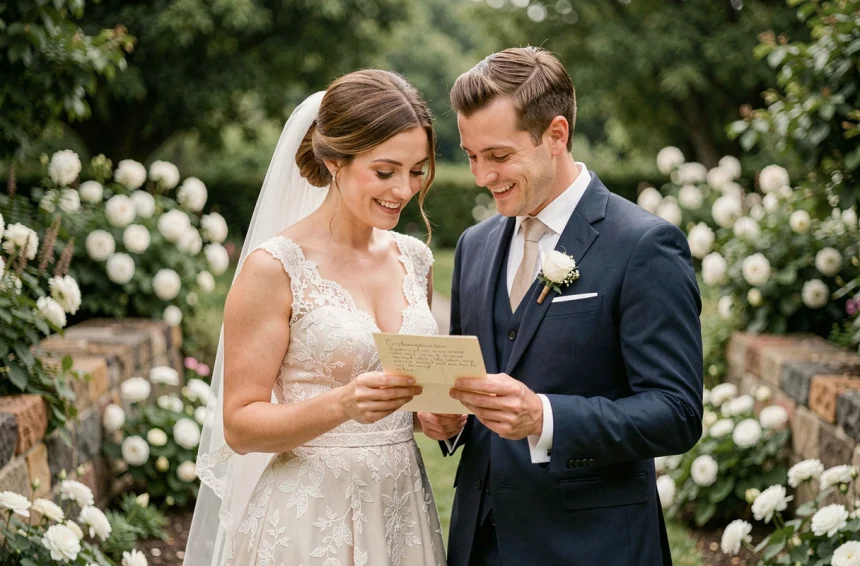 Couple de mariés lisant ensemble une carte de félicitations dans un jardin fleuri lors de leur mariage