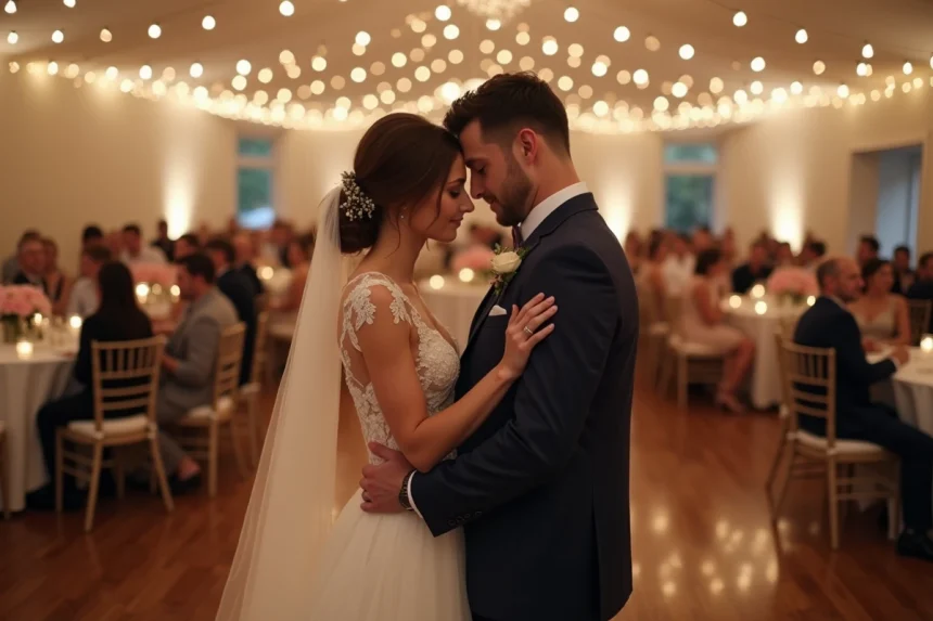 Couple de mariés dansant tendrement lors de la réception pendant le diaporama mariage avec musique émouvante