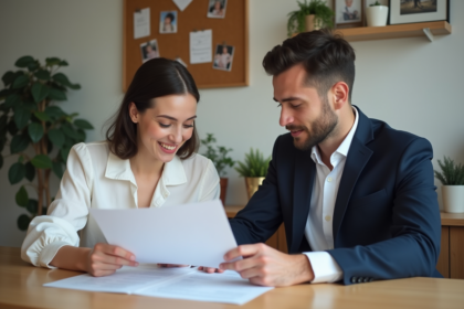 Jeune couple en train de revoir des papiers de mariage
