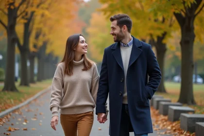 Couple marche dans un parc automnal en ville