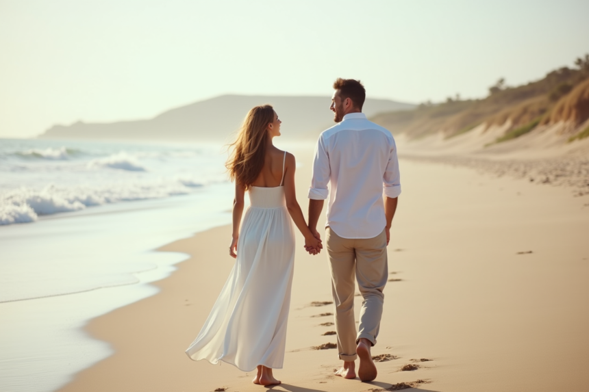 Couple heureux marchant sur la plage en été