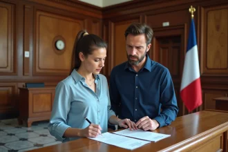 Couple consultant des documents de publication de bans dans une mairie française en 2026