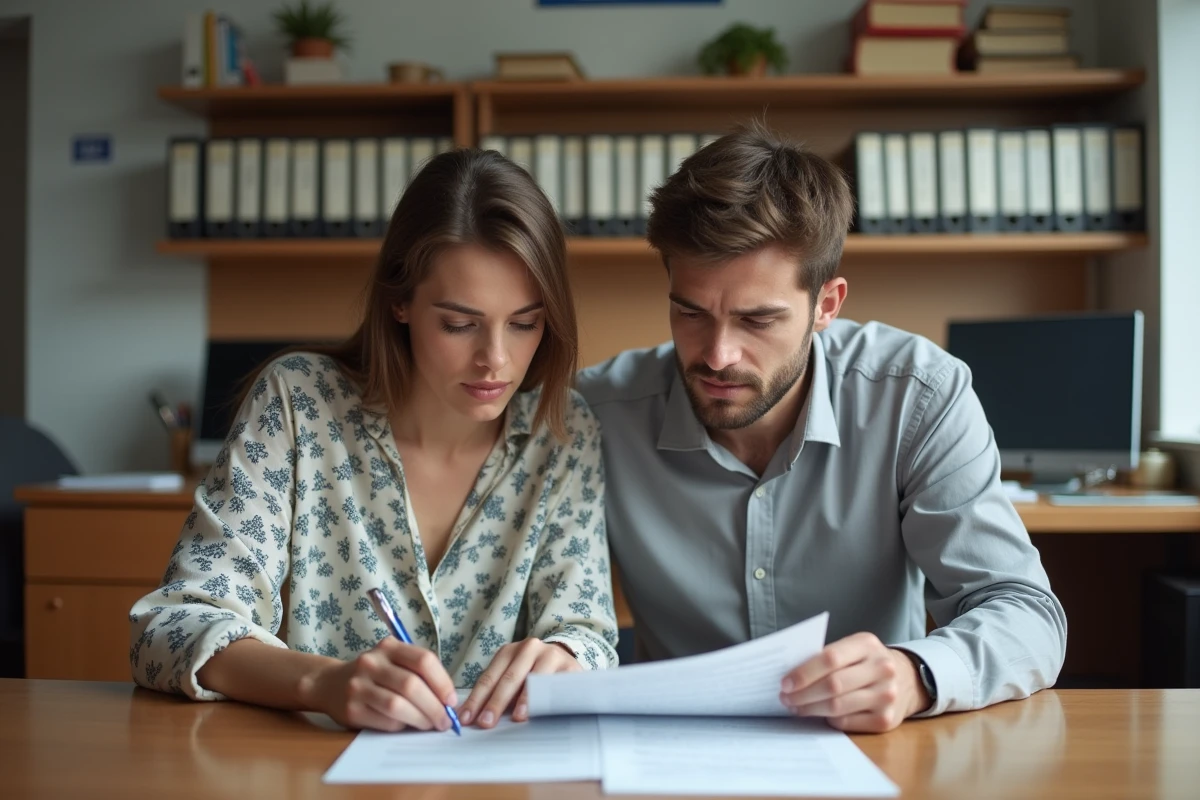 Couple lisant une lettre de refus administrative dans un bureau d'état civil concernant leurs bans de mariage