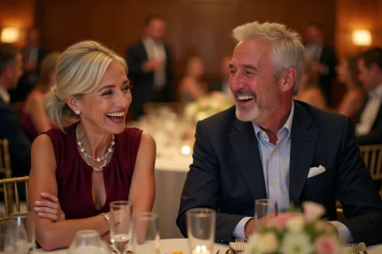 Couple qui rit lors d'un discours d'anniversaire de mariage humoristique en soirée