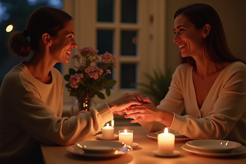 Couple dans la trentaine souriant lors d'un dîner romantique