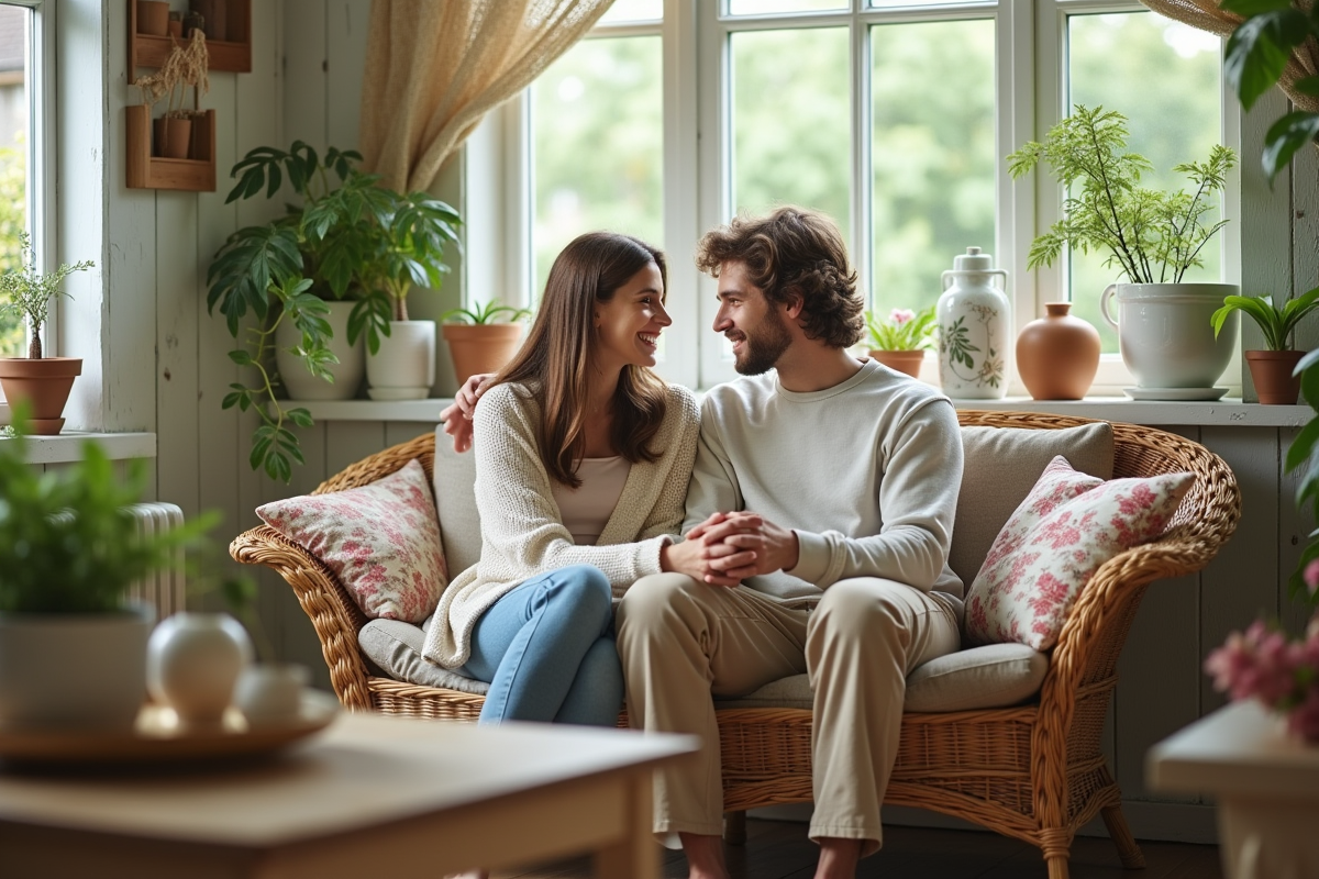 Jeune couple assis sur un canapé en rotin dans une véranda lumineuse avec plantes