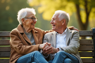 Couple senior assis sur un banc dans un parc ensoleille