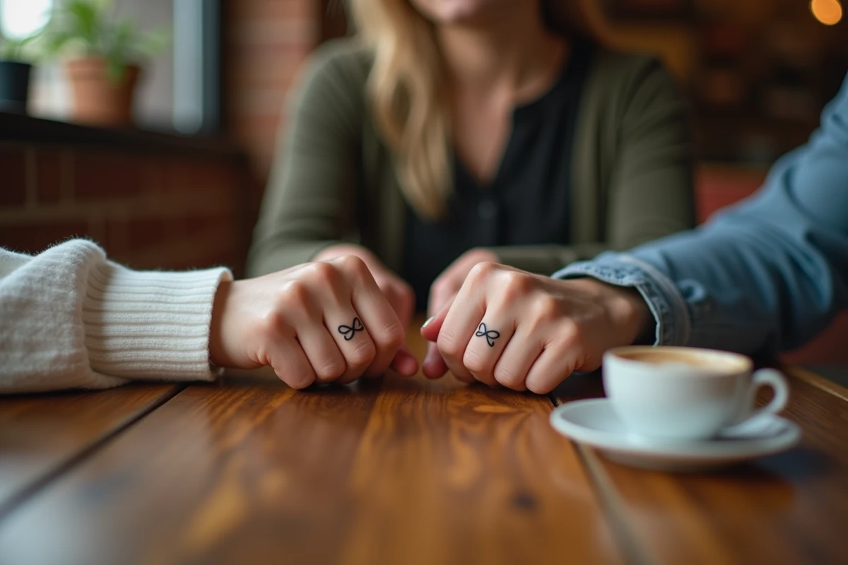 Couple montrant leurs tatouages alliance infini assortis sur l'annulaire dans un café en bois