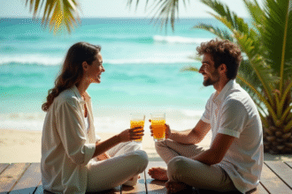 Jeune couple relaxant sur une terrasse face à la mer