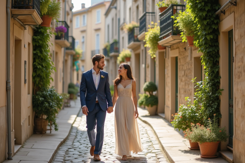 Jeune couple souriant dans un village français pittoresque