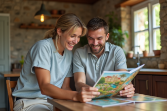 Jeune couple souriant en lisant une brochure voyage à la maison