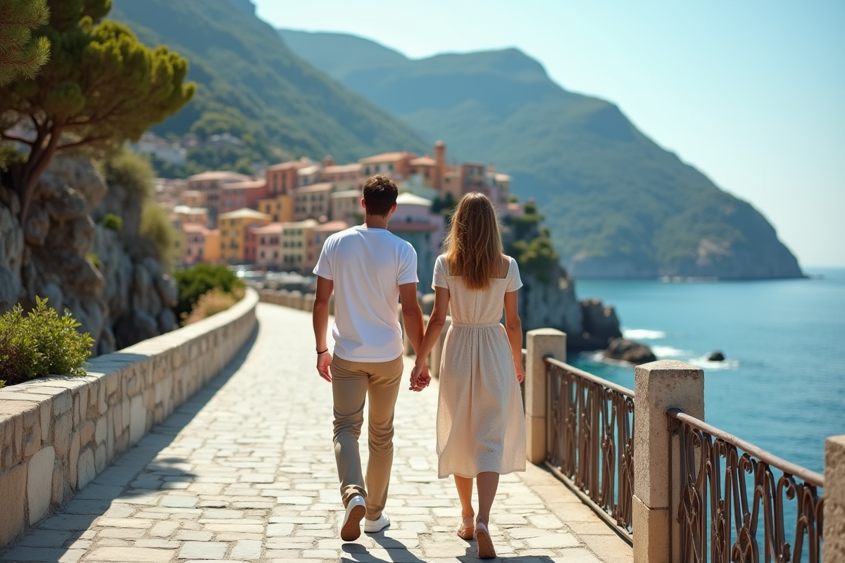 Jeune couple en promenade sur la côte en voyage