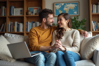 Jeune couple assis sur un sofa à la maison en voyage