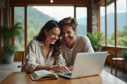 Jeune couple souriant dans un lounge avec vue montagne