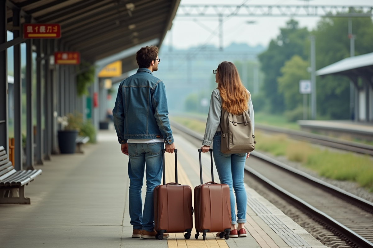 Jeune couple avec valises sur une plateforme de train